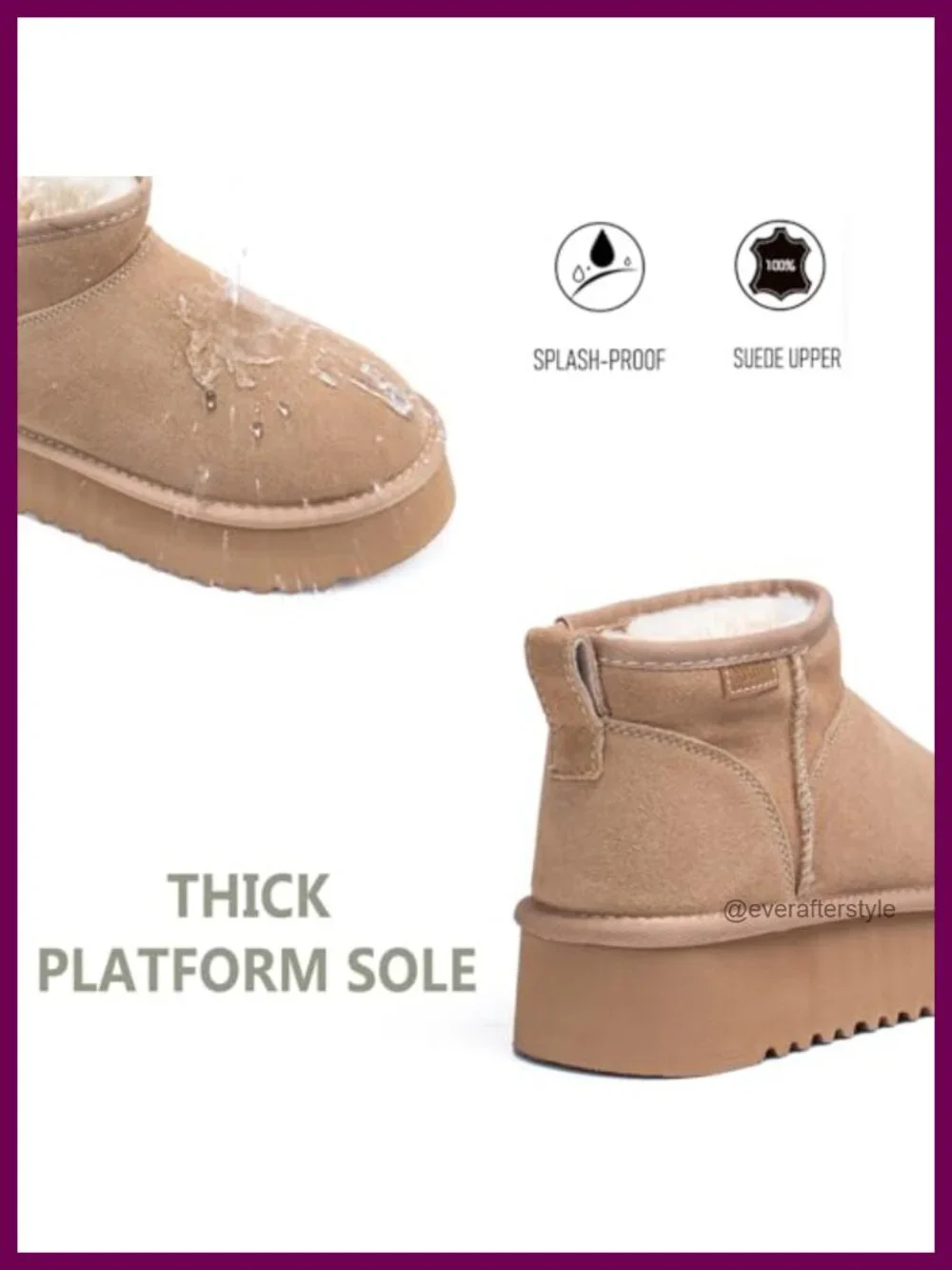 Women's Suede Platform Ankle Snow Boots with Faux Fur Lining Slip-On